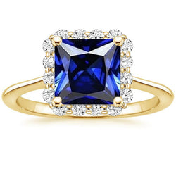 Anello Halo in oro giallo con diamante e zaffiro blu taglio Princess 6 carati