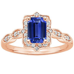 Anello Halo in oro rosa 14K con zaffiro blu smeraldo e diamante 4 carati
