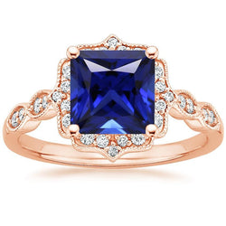 Anello Halo in oro rosa con diamante Zaffiro blu principessa Milgrain 5.50 carati