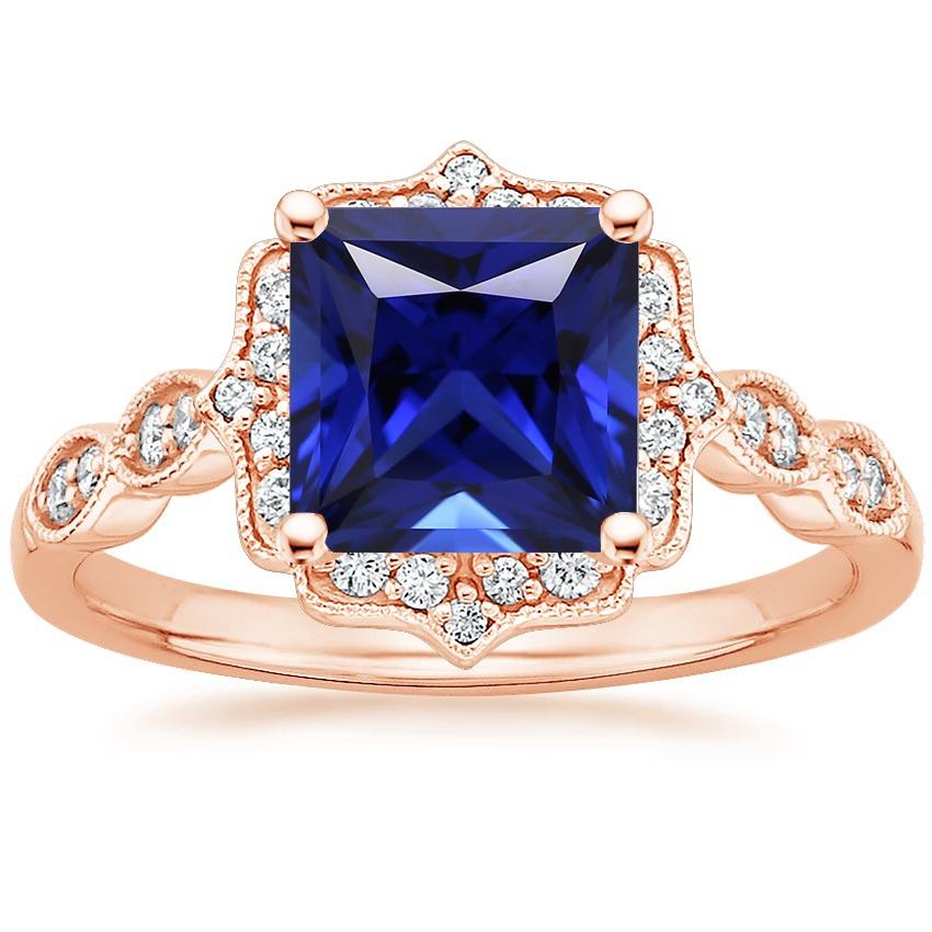 Anello Halo in oro rosa con diamante Zaffiro blu principessa Milgrain 5.50 carati - harrychadent.it
