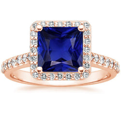 Anello Halo in oro rosa con zaffiro blu principessa con accenti 6.25 carati