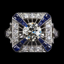 Anello Halo in stile antico Vecchio minatore con diamanti e zaffiri blu 4 carati