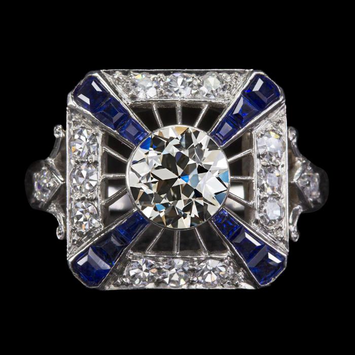 Anello Halo in stile antico Vecchio minatore con diamanti e zaffiri blu 4 carati - harrychadent.it