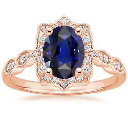 Anello Halo in stile vintage con zaffiro Ceylon ovale da 3,75 carati e diamanti