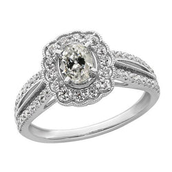 Anello Halo, ovale, con diamante a taglio antico, a griffe, stile fiore, 5 carati in oro