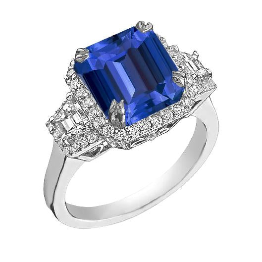 Halo Diamond Ring trapezoidale e accenti rotondi 4 carati Deep Blue Sapphire - harrychadent.it