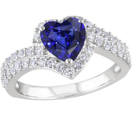 Anello Heart Halo Zaffiro blu naturale da 4 carati e oro bianco 14K con diamanti