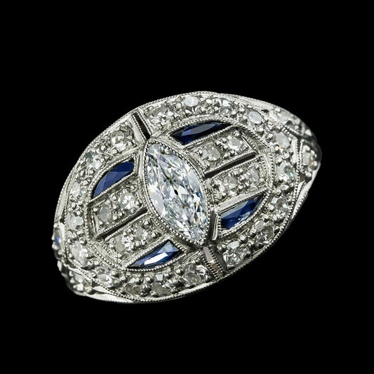 Anello Marquise Old Miner Diamante & Zaffiro Blu Milgrain 3.25 Carati - harrychadent.it