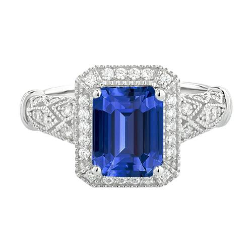 Anello Milligrain Halo Emerald Blue Sapphire 4 Carati Con Diamanti