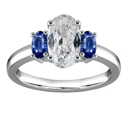 Anello Ovale Tre Pietre Vecchio Minatore Diamante & Zaffiri Blu 7 Carati