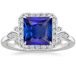Anello Pave Halo Diamante Con Zaffiro Blu Princess Center Oro 6 Carati