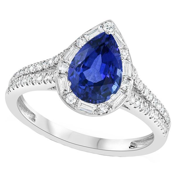 Anello Pera Halo Zaffiro Blu Doppio Gambo & Diamanti Baguette 5 Carati - harrychadent.it