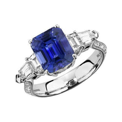 Anello Smeraldo Diamante Stile Vintage Zaffiro Baguette Lati 3.50 Carati