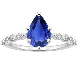Anello Solitario Con Accenti Pera Zaffiro Ceylon & Diamanti 3 Carati