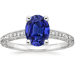 Anello Solitario Con Accenti Zaffiro Blu Con Gambo Milgrain 3 Carati