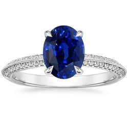 Anello Solitario Con Accenti Zaffiro Blu Ovale & Diamanti 4.50 Carati