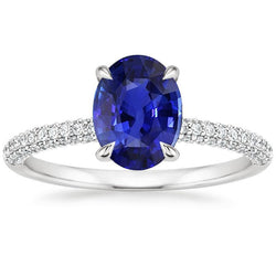Anello Solitario Con Accenti Zaffiro Blu Ovale & Diamanti 5.25 Carati