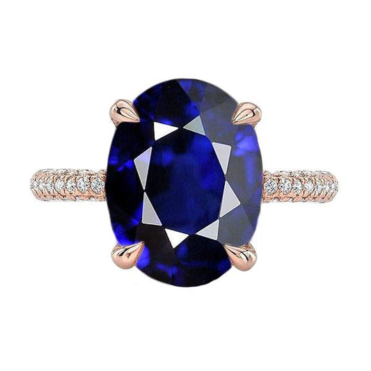 Anello Solitario Con Accenti Zaffiro Blu Ovale & Diamanti 5.50 Carati - harrychadent.it