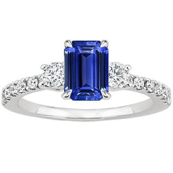 Anello Solitario Con Accenti Zaffiro Blu Smeraldo & Diamanti 5 Carati