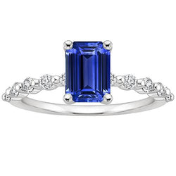 Anello Solitario Con Pietre Laterali Zaffiro Blu & Diamante 4 Carati