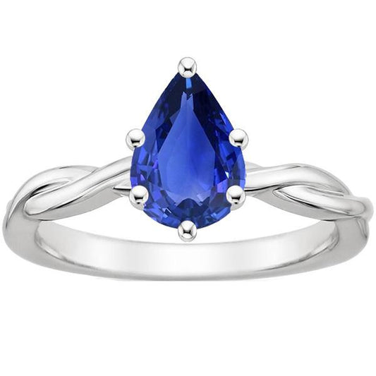 Anello Solitario Oro Bianco Pera Zaffiro Blu 4 Carati Con Gambo Ritorto - harrychadent.it