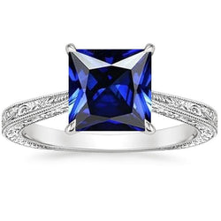 Anello Solitario Principessa Stile Vintage Zaffiro Blu 5 Carati Oro Bianco