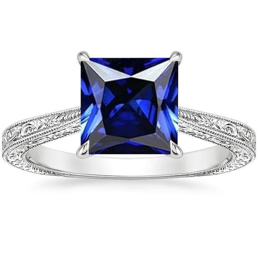 Anello Solitario Principessa Stile Vintage Zaffiro Blu 5 Carati Oro Bianco - harrychadent.it
