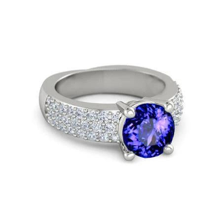 Anello Tanzanite Taglio Rotondo Con Diamanti 3.70 Carati Oro Bianco 14K - harrychadent.it
