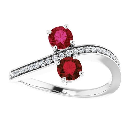 Anello Toi et Moi Rubino Rotondo & Diamante 2.60 Carati Oro Bianco 14K - harrychadent.it