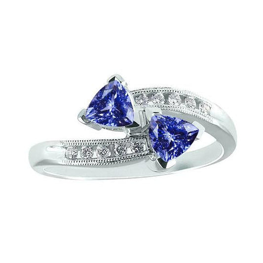 Anello Toi et Moi Trilioni di Tanzanite e Diamanti Rotondi Oro 2.50 Carati - harrychadent.it