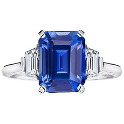 Anello Trapezio Diamante 3 Pietre 3.50 Carati Smeraldo Zaffiro Srilankan