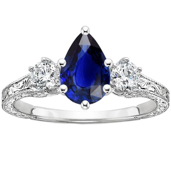 Anello Tre Pietre Stile Antico Pera Zaffiro Blu & Diamanti 5 Carati - harrychadent.it