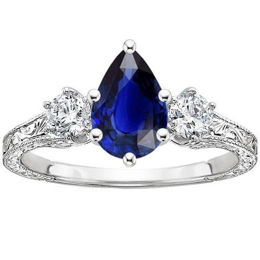 Anello Tre Pietre Stile Antico Pera Zaffiro Blu & Diamanti 5 Carati - harrychadent.it