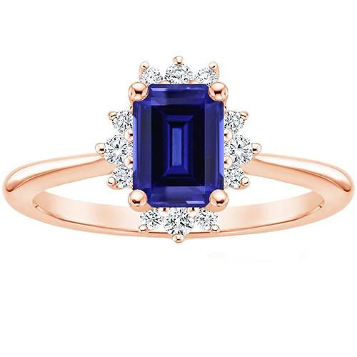 Anello Stile Fiore Zaffiro Ceylon & Diamante 4 Carati Taglio Smeraldo - harrychadent.it