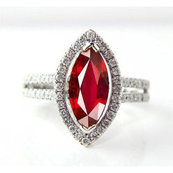 Anello a forma di marquise con rubini rossi e diamanti, gioielli in oro bianco da 4,50 carati