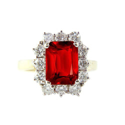 Anello a forma di smeraldo rosso rubino con diamanti rotondi 7.45 carati in oro