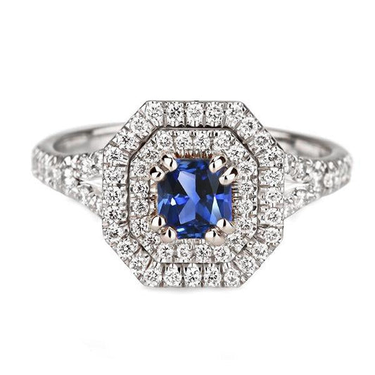 Anello Halo. diamante. zaffiro. taglio Asscher. gambo diviso. 3.50 carati - harrychadent.it