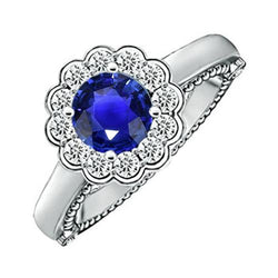Anello antico stile Halo Flower con zaffiro blu da 2,50 carati e diamante in oro bianco 14 carati
