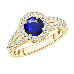 Anello aureola con diamante in stile antico 3 carati con zaffiro blu rotondo