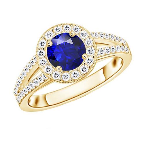 Anello aureola con diamante in stile antico 3 carati con zaffiro blu rotondo - harrychadent.it