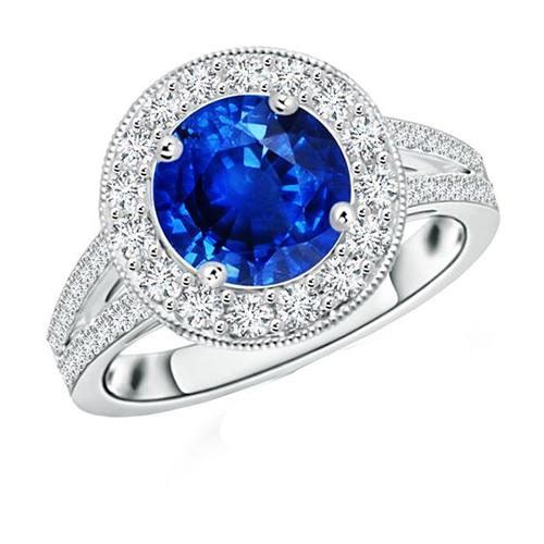Anello aureola con diamante in stile antico con zaffiro blu rotondo 2.50 carati - harrychadent.it