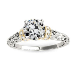Anello bicolore con diamanti a taglio antico stile antico in filigrana d'oro 2,50 carati