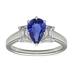 Anello con 2 Carati Pera Zaffiro Sri Lanka e Smeraldo Diamanti Tre Pietre in Oro Bianco 14k