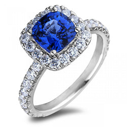 Anello con 2,50 carati di diamanti Ceylon Blue Sapphire Cushion in oro bianco 14 carati