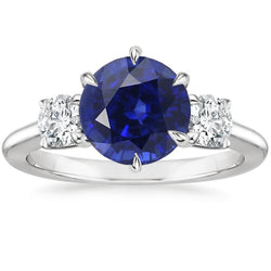 Anello con 3 diamanti rotondi in pietra e zaffiro blu intenso incastonato 3.50 carati