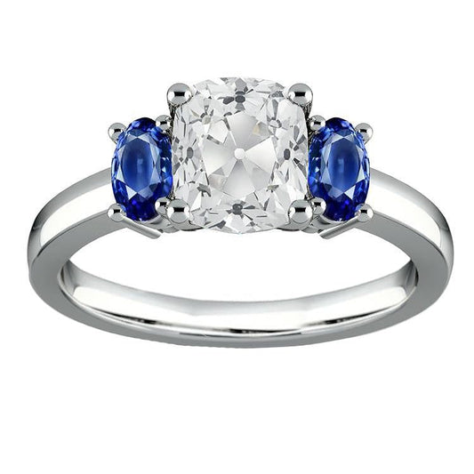 Anello con 3 pietre Cuscino taglio antico Diamante e zaffiro ovale 6 carati - harrychadent.it