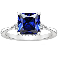 Anello con 3 pietre di diamanti e zaffiro dello Sri Lanka taglio principessa 3.75 carati