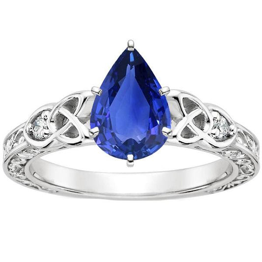 Anello con 3 pietre di diamanti. pera. zaffiro di Ceylon. stile vintage. 4.25 carati - harrychadent.it