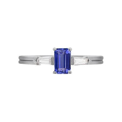 Anello con 3 pietre di smeraldo e zaffiro blu con diamanti baguette 2.25 carati