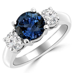 Anello con 3 pietre di zaffiro blu di Ceylon e diamante 4.50 carati in oro bianco 14K